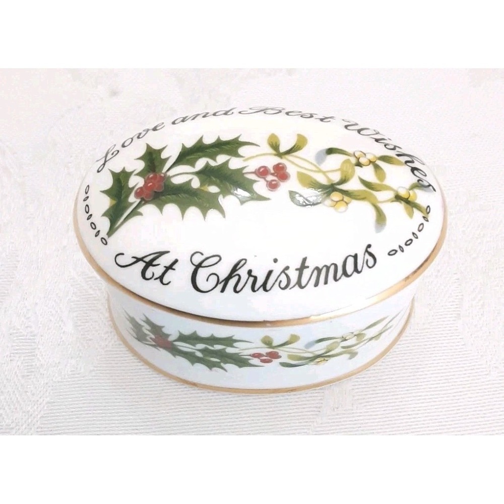 Crown Staffordshire Fine Bone China Small Oval Trinket Box & Lid Christmas Holly